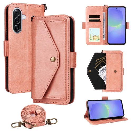 For Samsung Galaxy A56 5G Leather Case Magnetic Closure Wallet Stand Phone Cover with Crossbody Strap - Pink - 1