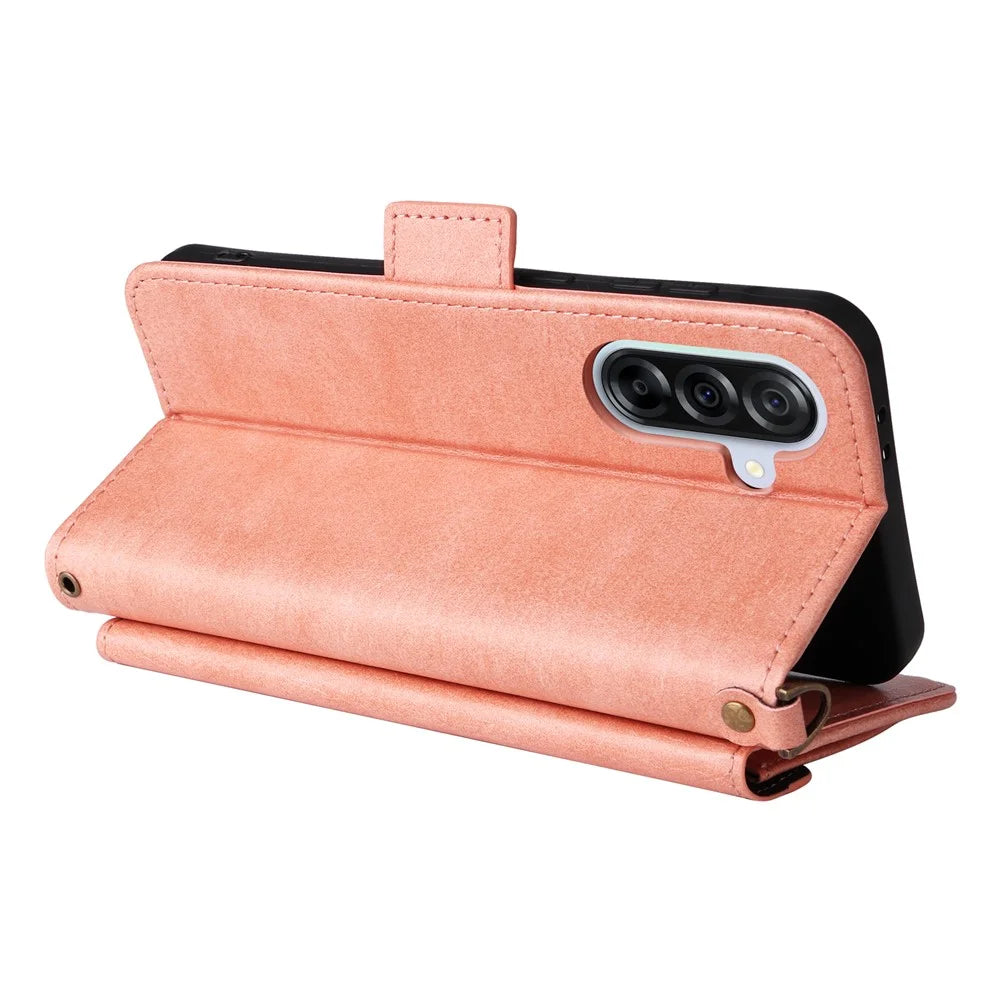 For Samsung Galaxy A56 5G Leather Case Magnetic Closure Wallet Stand Phone Cover with Crossbody Strap - Pink - 5