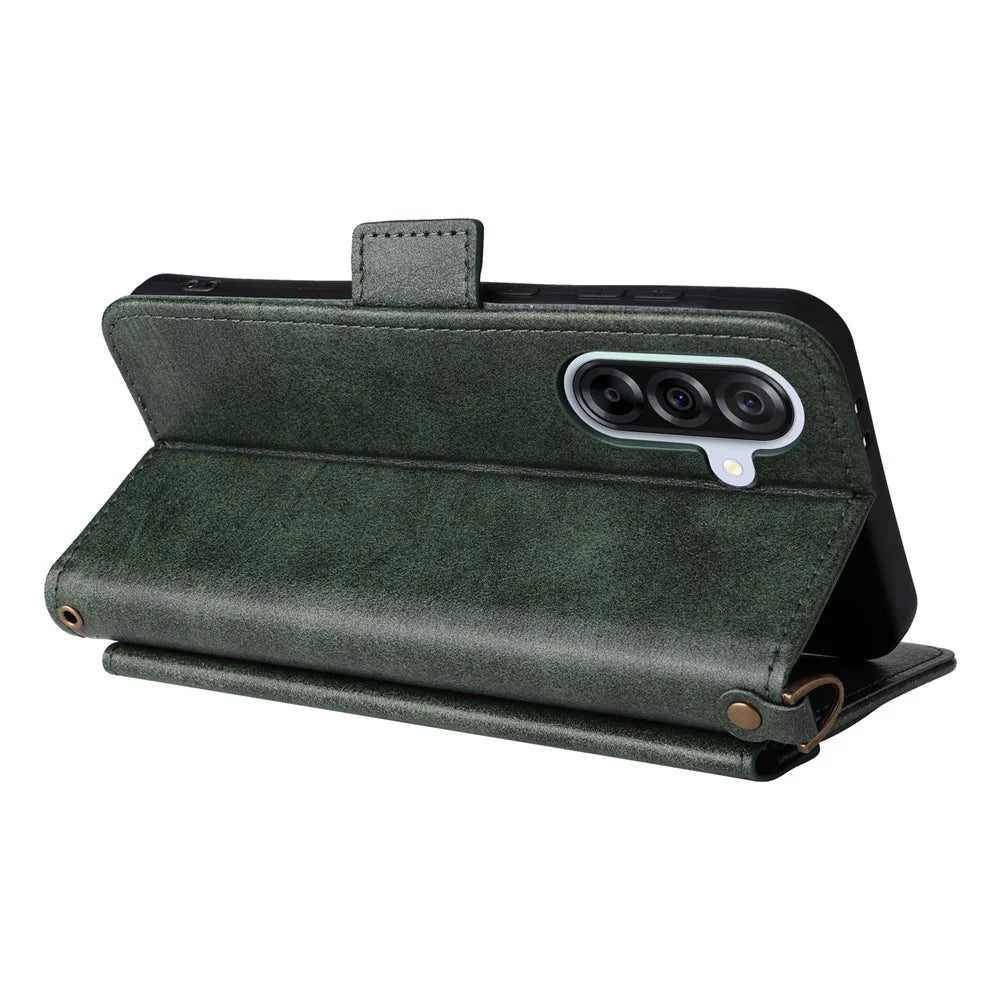 For Samsung Galaxy A16 5G  /  4G Leather Case Magnetic Closure Wallet Stand Phone Cover with Crossbody Strap - Green - 5