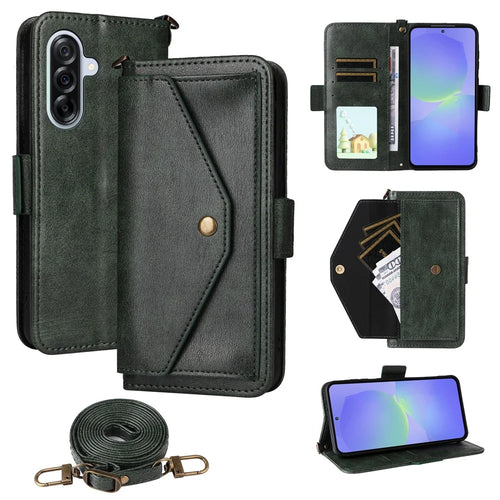For Samsung Galaxy S24 FE Leather Case Magnetic Closure Wallet Stand Phone Cover with Crossbody Strap - Green - 1
