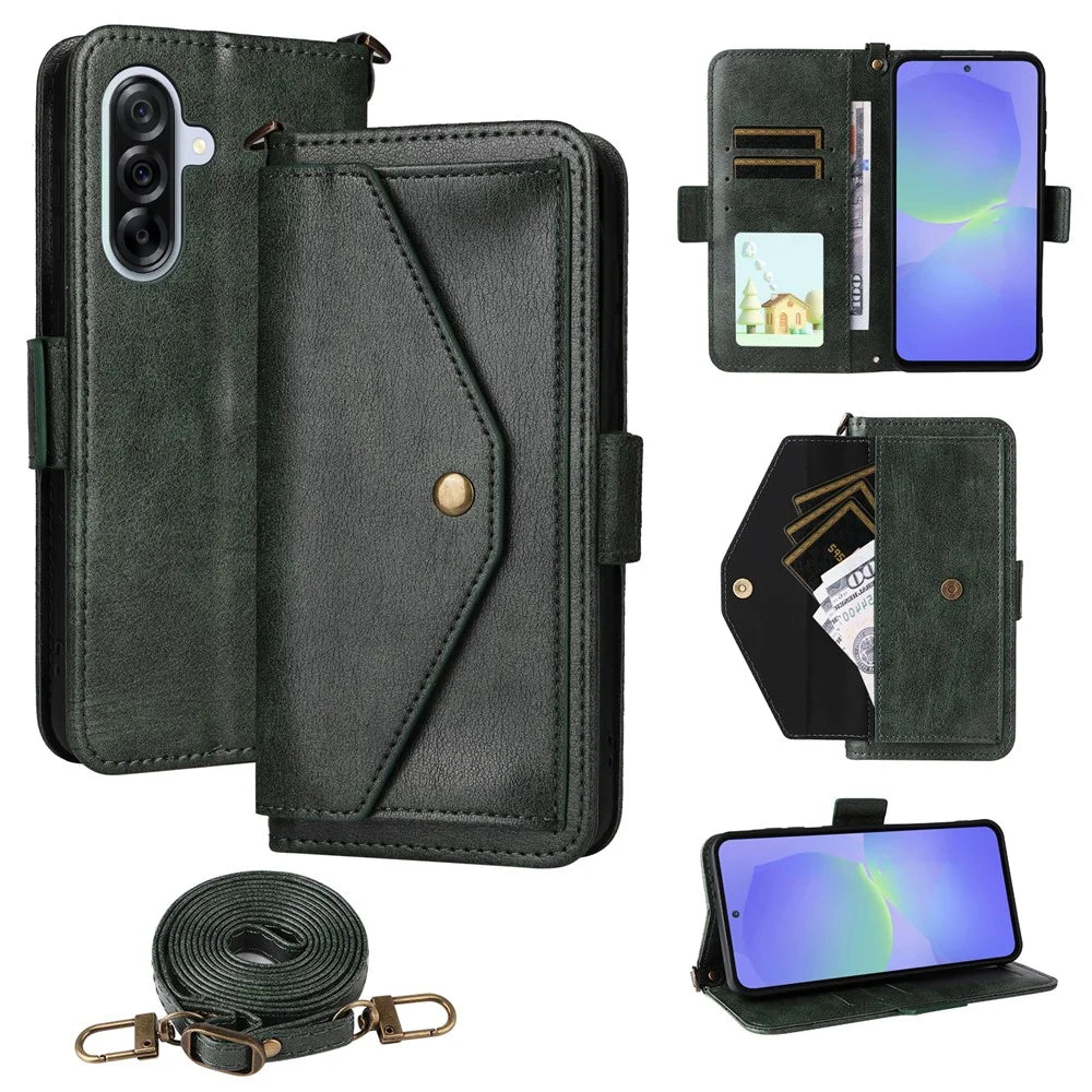 For Samsung Galaxy S24 FE Leather Case Magnetic Closure Wallet Stand Phone Cover with Crossbody Strap - Green - 1