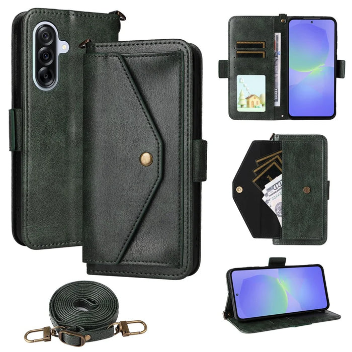 For Samsung Galaxy S24 FE Leather Case Magnetic Closure Wallet Stand Phone Cover with Crossbody Strap - Green - 1