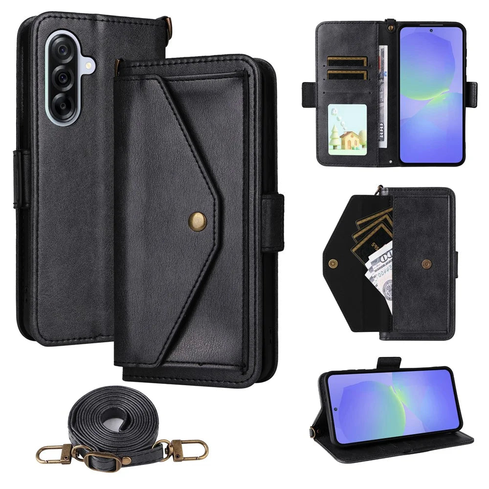 For Samsung Galaxy A35 5G Leather Case Magnetic Closure Wallet Stand Phone Cover with Crossbody Strap - Black - 1