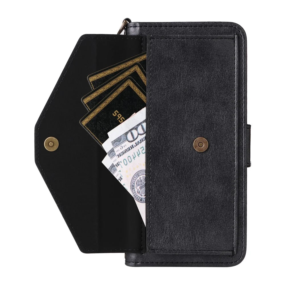 For Samsung Galaxy A35 5G Leather Case Magnetic Closure Wallet Stand Phone Cover with Crossbody Strap - Black - 3