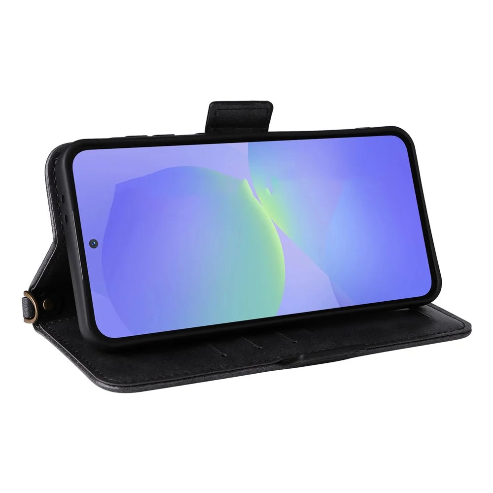 For Samsung Galaxy A35 5G Leather Case Magnetic Closure Wallet Stand Phone Cover with Crossbody Strap - Black - 4