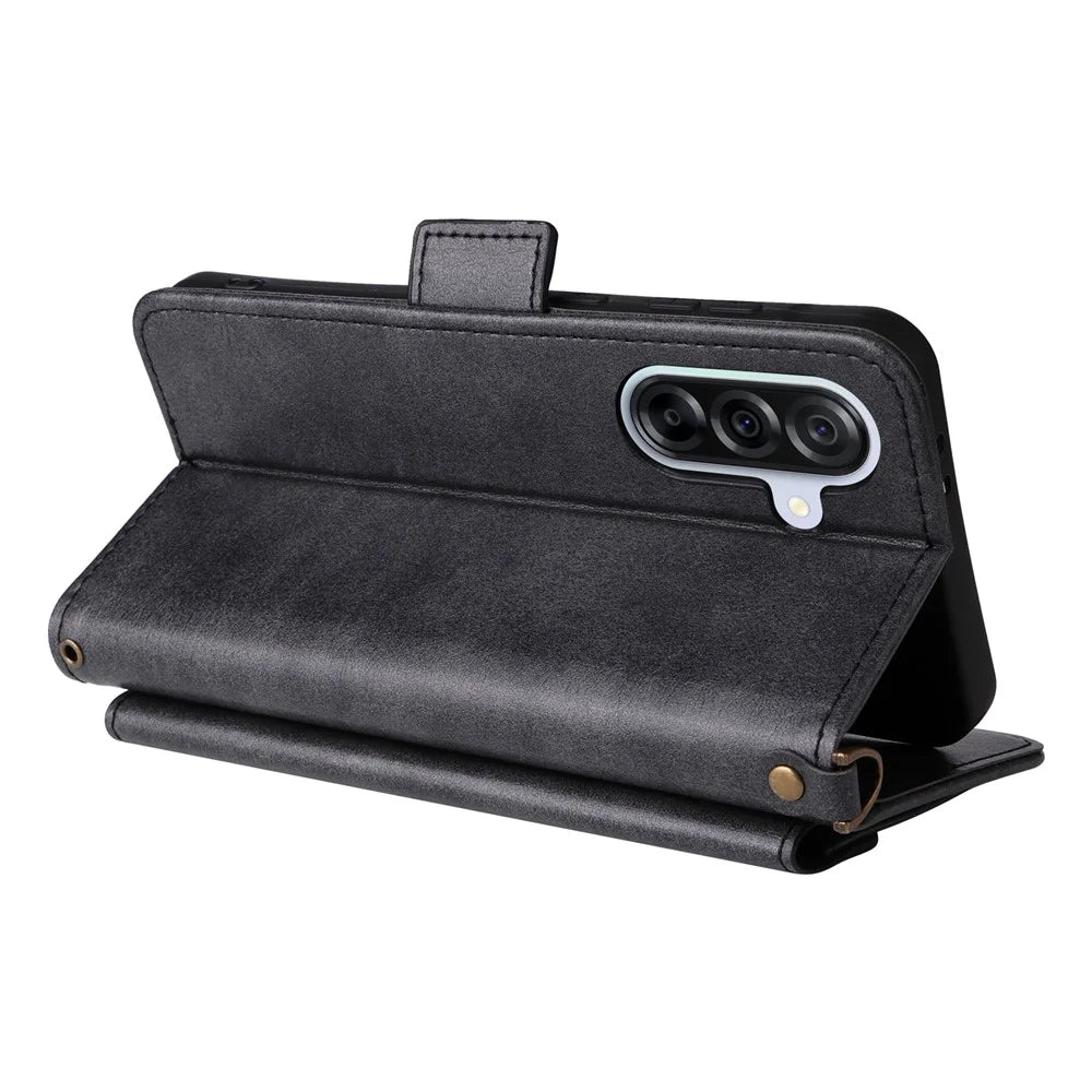 For Samsung Galaxy A35 5G Leather Case Magnetic Closure Wallet Stand Phone Cover with Crossbody Strap - Black - 5