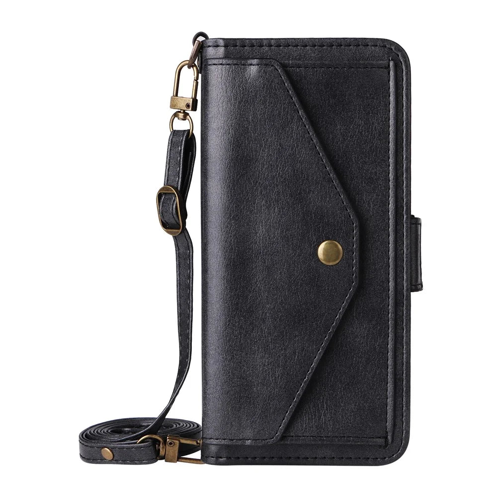 For Samsung Galaxy A35 5G Leather Case Magnetic Closure Wallet Stand Phone Cover with Crossbody Strap - Black - 7