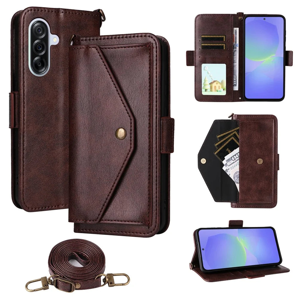 For Samsung Galaxy A55 5G Leather Case Magnetic Closure Wallet Stand Phone Cover with Crossbody Strap - Brown - 1