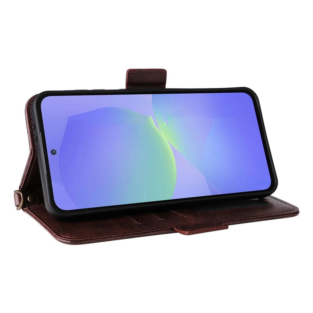 For Samsung Galaxy A55 5G Leather Case Magnetic Closure Wallet Stand Phone Cover with Crossbody Strap - Brown - 4