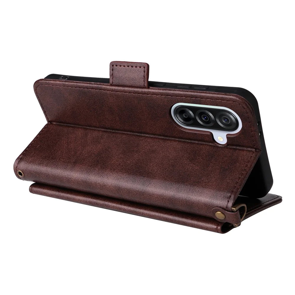 For Samsung Galaxy A55 5G Leather Case Magnetic Closure Wallet Stand Phone Cover with Crossbody Strap - Brown - 5