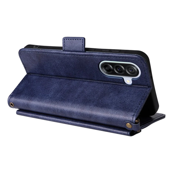 For Samsung Galaxy A25 5G (Global) (161.0mm) Leather Case Magnetic Closure Wallet Stand Phone Cover with Crossbody Strap - Blue - 5