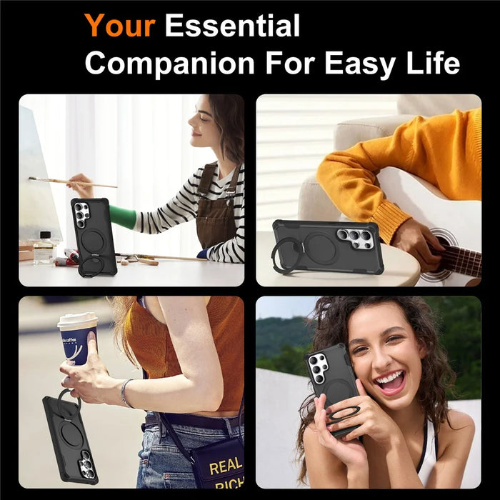 For Samsung Galaxy S25 Ultra Magnetic Case Kickstand TPU + PC Shockproof Phone Back Cover - Black - 6