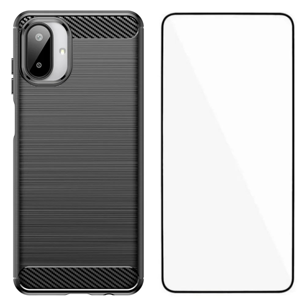 WANLONFENG For Samsung Galaxy A08 4G / A07 4G Case with Screen Film  LS Series Big Lens Hole Brushed Texture TPU Phone Cover - Black - 1
