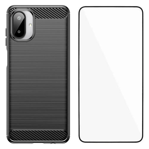 WANLONFENG For Samsung Galaxy A08 4G / A07 4G Case with Screen Film  LS Series Big Lens Hole Brushed Texture TPU Phone Cover - Black - 1
