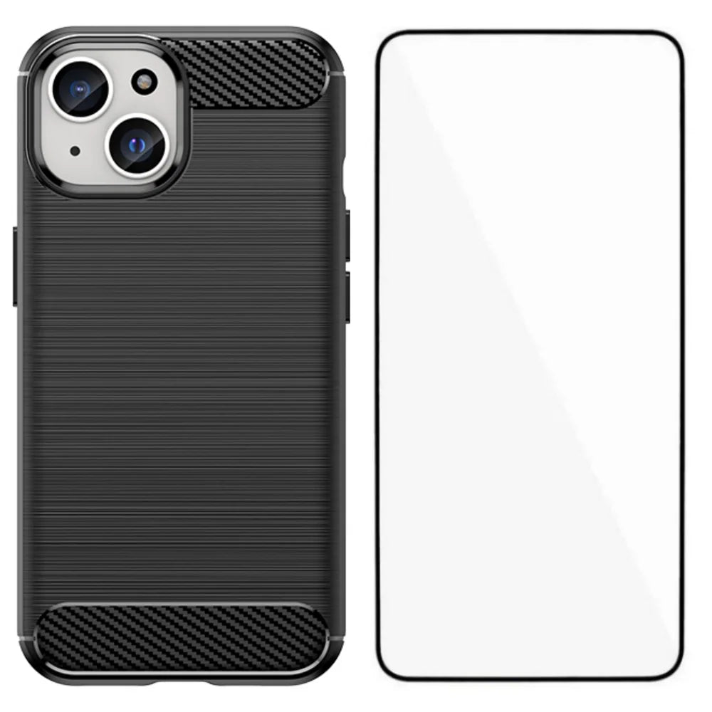 WANLONFENG For iPhone 15 Case with Screen Film  LS Series Big Lens Hole Brushed Texture TPU Phone Cover - Black - 1