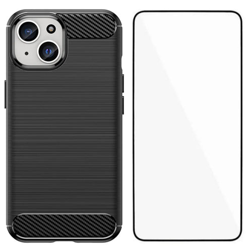 WANLONFENG For iPhone 15 Case with Screen Film  LS Series Big Lens Hole Brushed Texture TPU Phone Cover - Black - 1