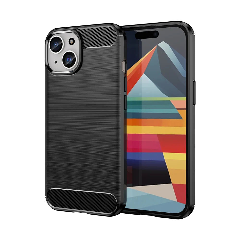 WANLONFENG For iPhone 15 Case with Screen Film  LS Series Big Lens Hole Brushed Texture TPU Phone Cover - Black - 2