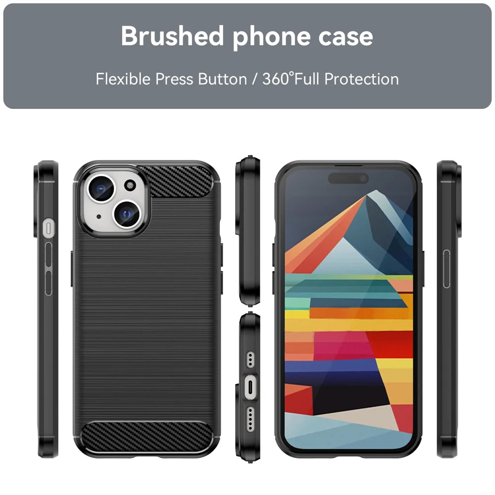 WANLONFENG For iPhone 15 Case with Screen Film  LS Series Big Lens Hole Brushed Texture TPU Phone Cover - Black - 3