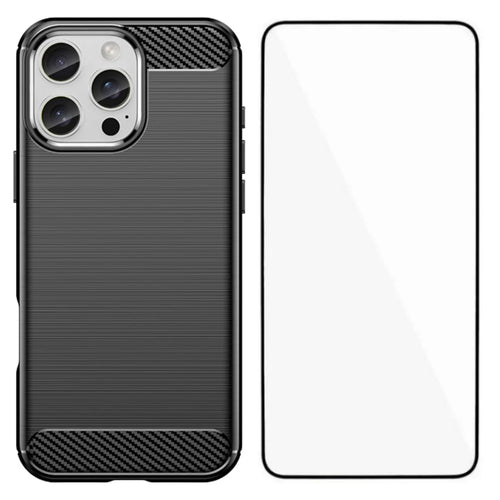 WANLONFENG For iPhone 16 Pro Case with Screen Film  LS Series Big Lens Hole Brushed Texture TPU Phone Cover - Black - 1