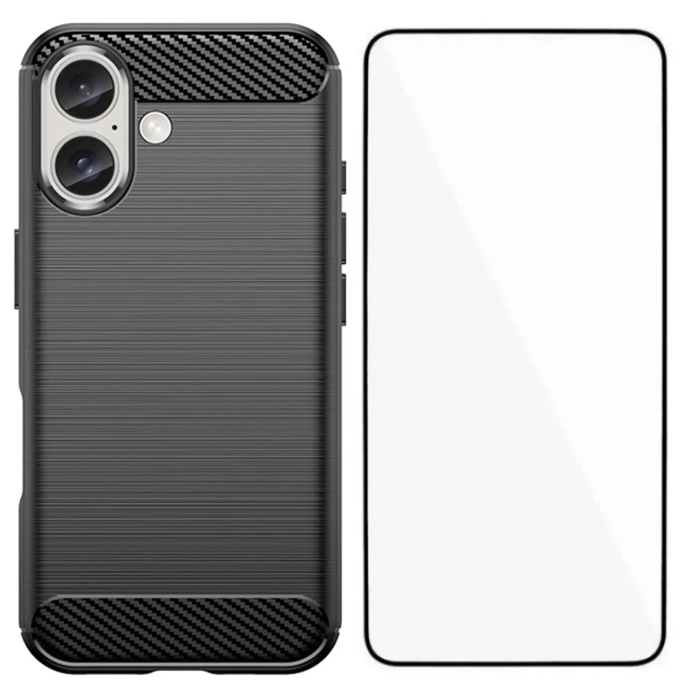 WANLONFENG For iPhone 16 Case with Screen Film  LS Series Big Lens Hole Brushed Texture TPU Phone Cover - Black - 1