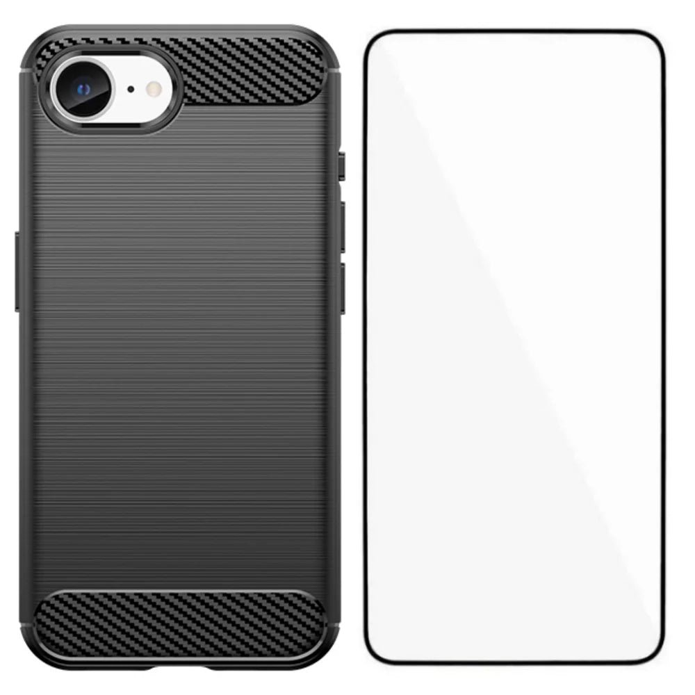 WANLONFENG For iPhone 17e / 16e Case with Screen Film  LS Series Big Lens Hole Brushed Texture TPU Phone Cover - Black - 1