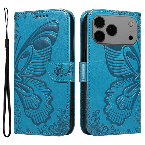For iPhone 18 Pro Max / 17 Pro Max Case Butterfly Pattern PU Leather Folio Flip Phone Cover -  Blue - 1