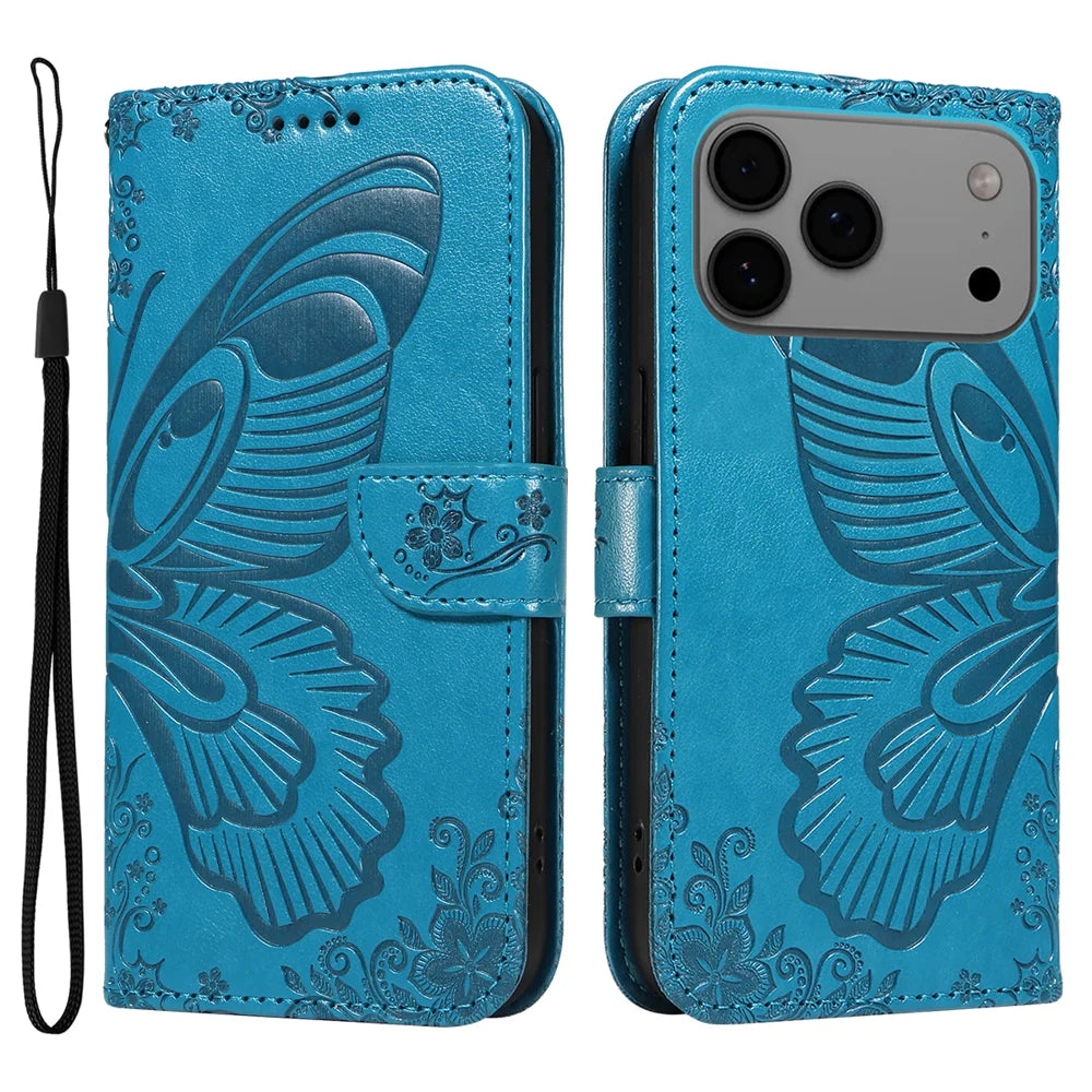 For iPhone 18 Pro Max / 17 Pro Max Case Butterfly Pattern PU Leather Folio Flip Phone Cover -  Blue - 1