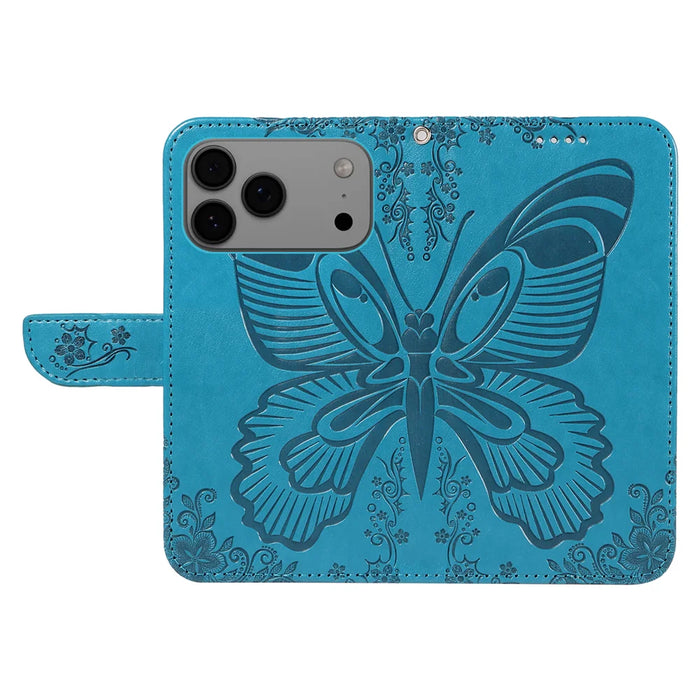 For iPhone 18 Pro Max / 17 Pro Max Case Butterfly Pattern PU Leather Folio Flip Phone Cover -  Blue - 3