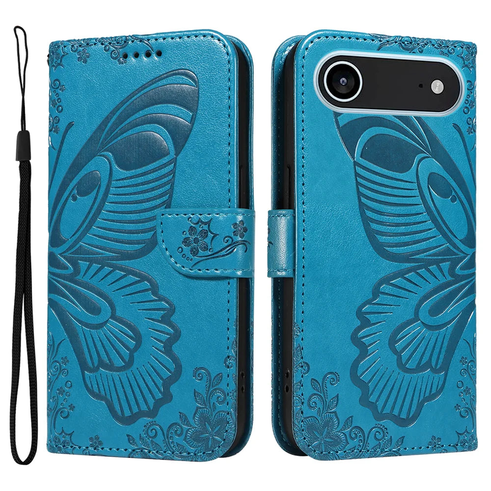 For iPhone Air Case Butterfly Pattern PU Leather Folio Flip Phone Cover -  Blue - 1