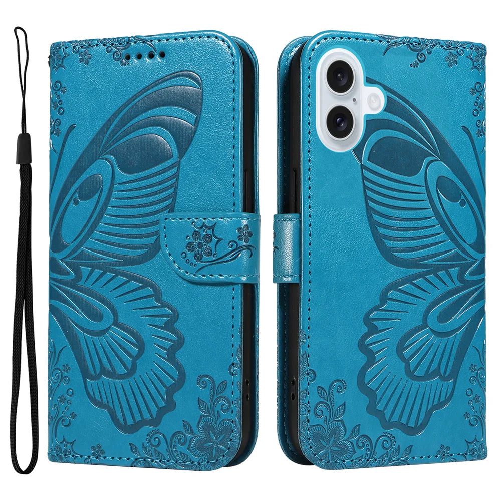 For iPhone 17 Case Butterfly Pattern PU Leather Folio Flip Phone Cover -  Blue - 1