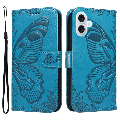 For iPhone 17 Case Butterfly Pattern PU Leather Folio Flip Phone Cover -  Blue - 1
