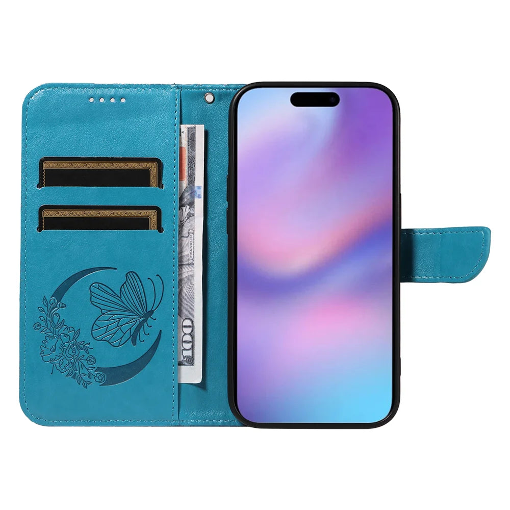 For iPhone 17 Case Butterfly Pattern PU Leather Folio Flip Phone Cover -  Blue - 2