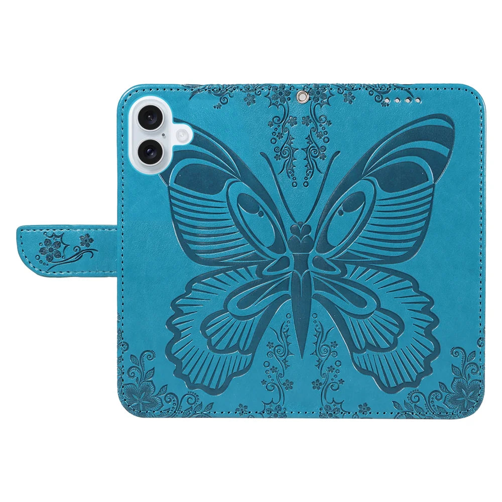For iPhone 17 Case Butterfly Pattern PU Leather Folio Flip Phone Cover -  Blue - 4