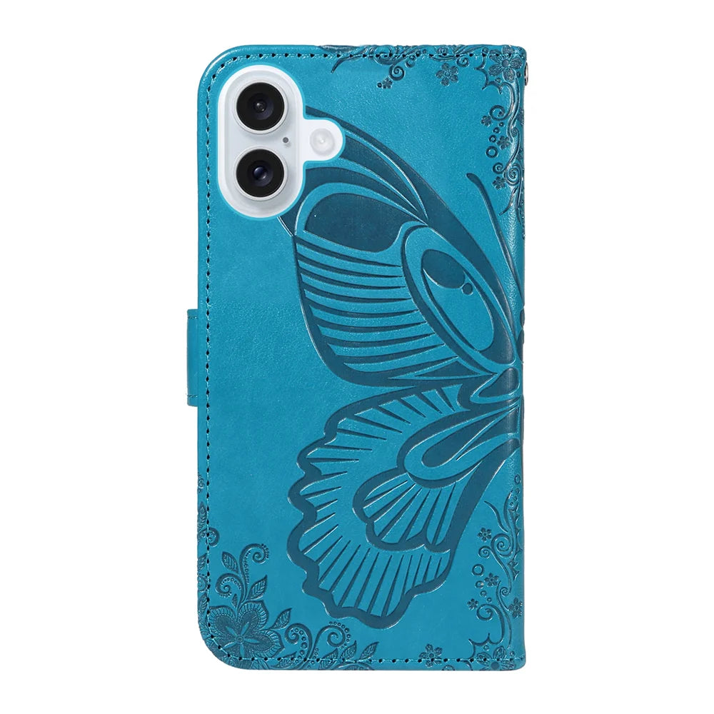 For iPhone 17 Case Butterfly Pattern PU Leather Folio Flip Phone Cover -  Blue - 7