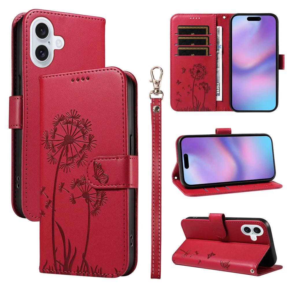 For iPhone 17 Leather Wallet Case with Strap Dandelion Imprint Phone Stand Cover - Red - 1