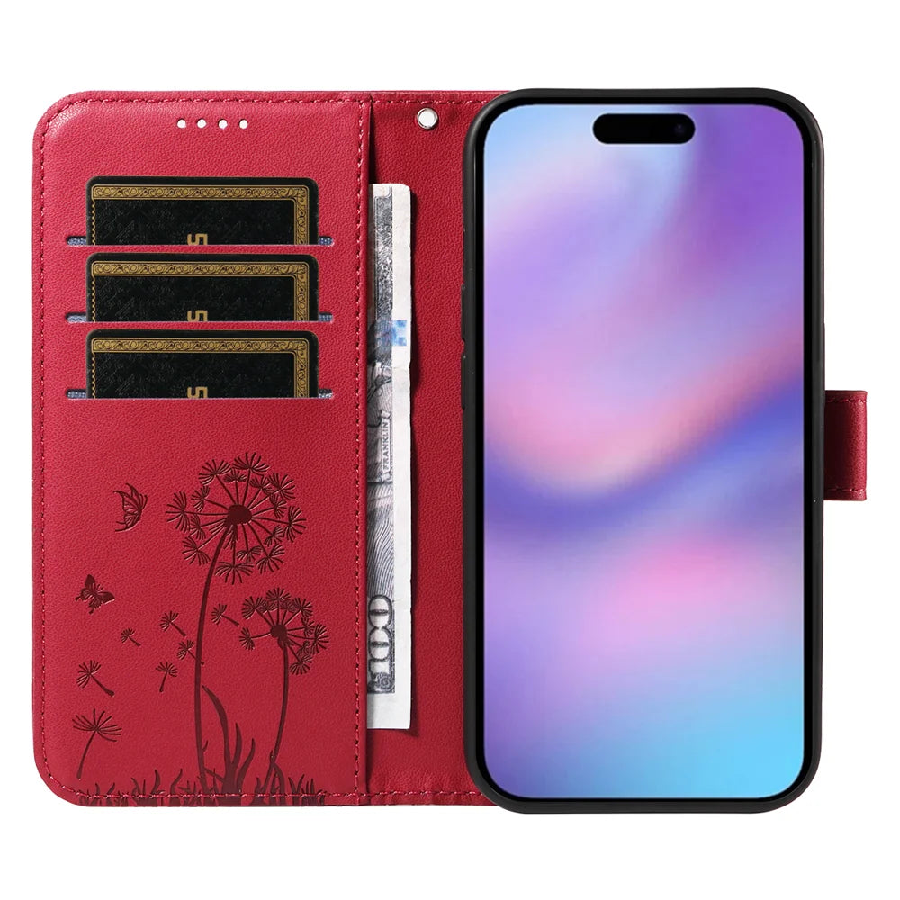 For iPhone 17 Leather Wallet Case with Strap Dandelion Imprint Phone Stand Cover - Red - 2
