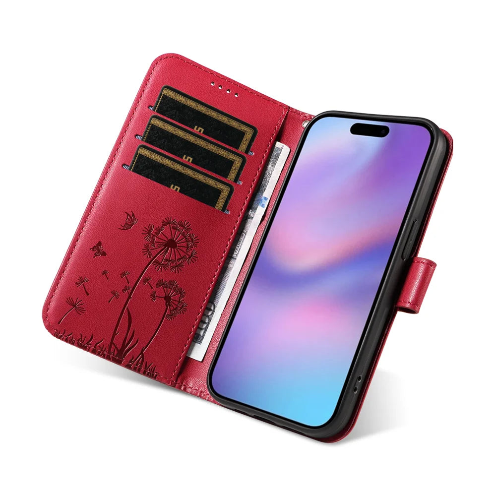 For iPhone 17 Leather Wallet Case with Strap Dandelion Imprint Phone Stand Cover - Red - 6