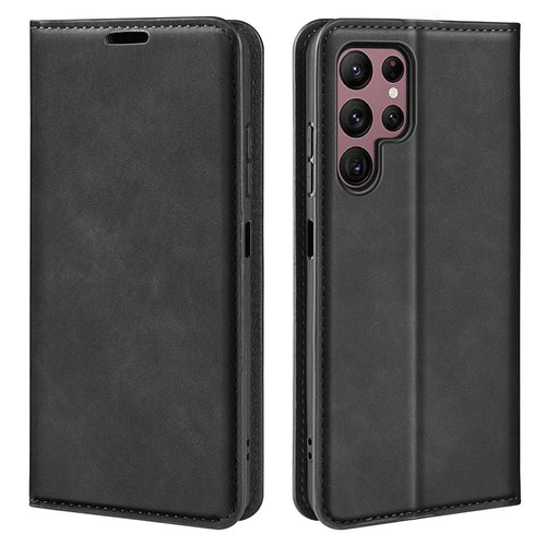For Samsung Galaxy S23 Ultra Skin-touch Feeling PU Leather Cover Magnetic Auto-absorbed Phone Case with Stand Wallet - Black - 1