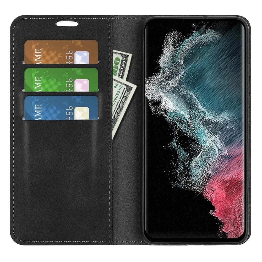 For Samsung Galaxy S23 Ultra Skin-touch Feeling PU Leather Cover Magnetic Auto-absorbed Phone Case with Stand Wallet - Black - 2