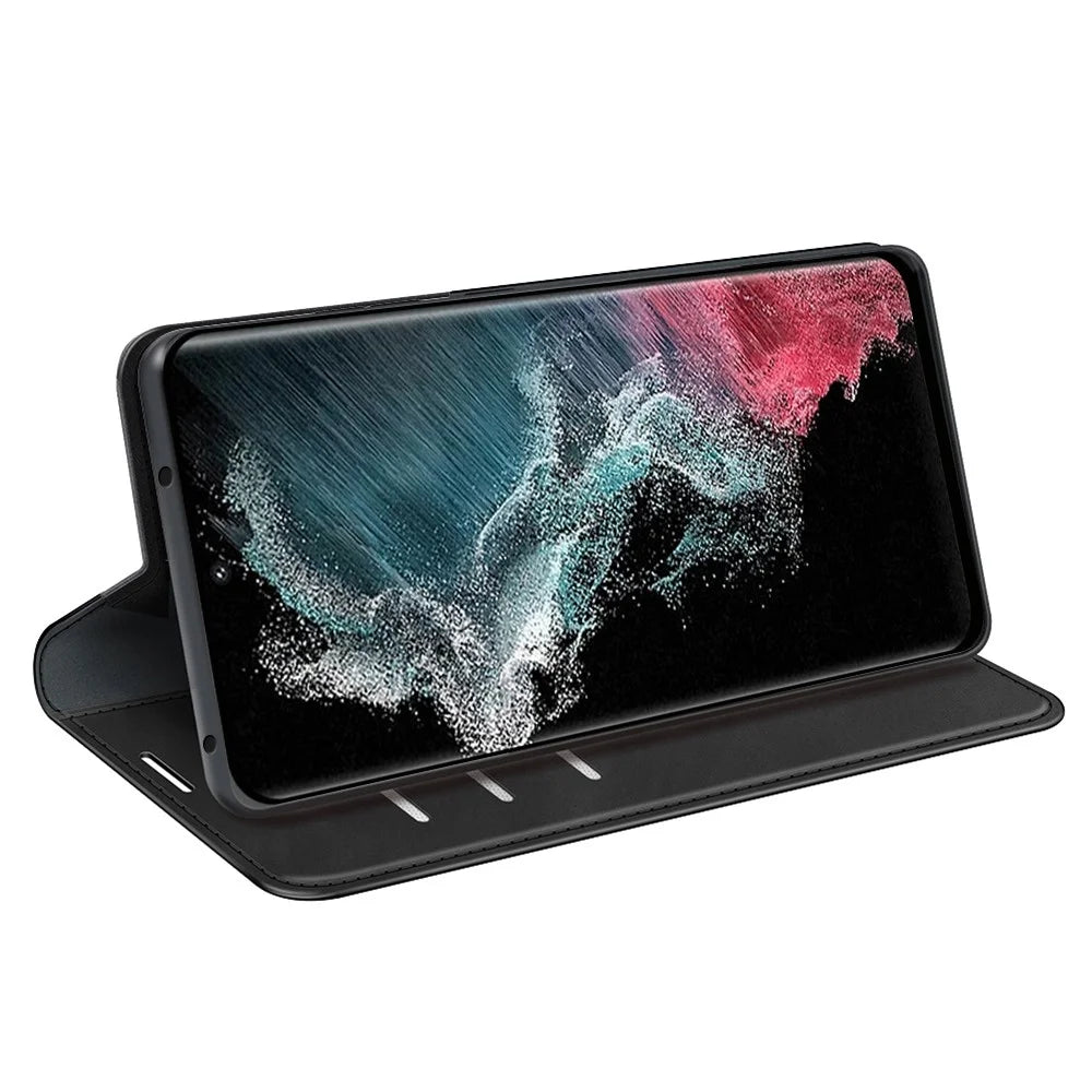 For Samsung Galaxy S23 Ultra Skin-touch Feeling PU Leather Cover Magnetic Auto-absorbed Phone Case with Stand Wallet - Black - 3