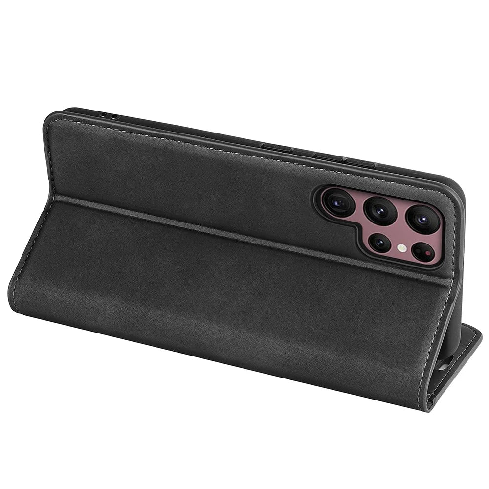 For Samsung Galaxy S23 Ultra Skin-touch Feeling PU Leather Cover Magnetic Auto-absorbed Phone Case with Stand Wallet - Black - 4