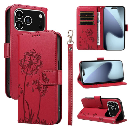 For iPhone 18 Pro / 17 Pro Leather Wallet Case with Strap Dandelion Imprint Phone Stand Cover - Red - 1