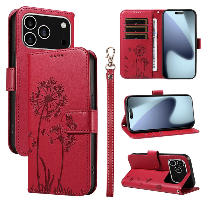 For iPhone 18 Pro / 17 Pro Leather Wallet Case with Strap Dandelion Imprint Phone Stand Cover - Red - 1