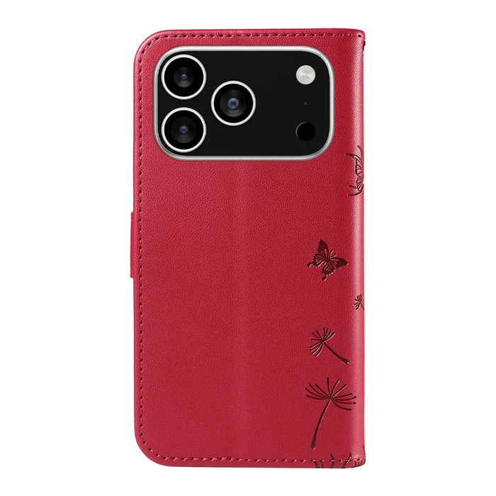 For iPhone 18 Pro / 17 Pro Leather Wallet Case with Strap Dandelion Imprint Phone Stand Cover - Red - 7