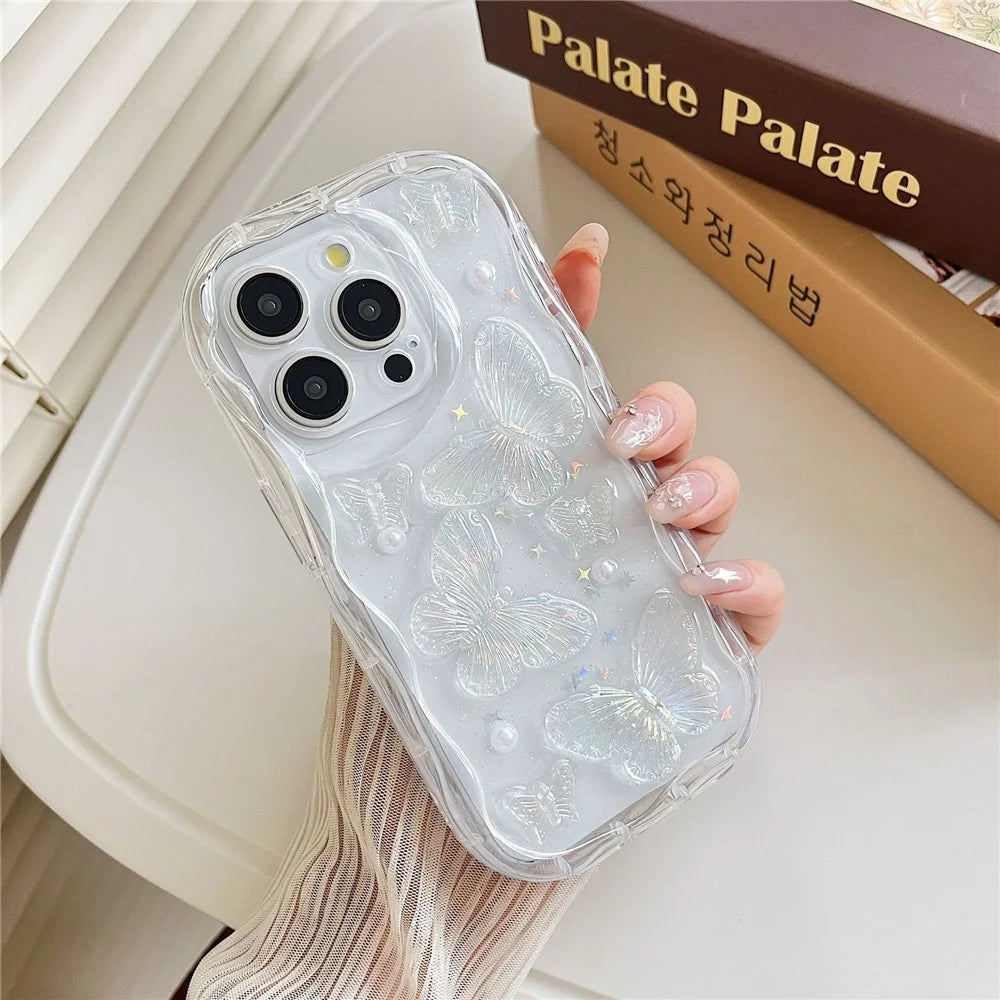 For iPhone 13 Pro Max Case Pearl Butterfly Design Clear TPU Phone Cover - 1