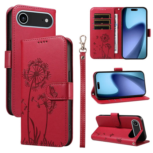 For iPhone Air Leather Wallet Case with Strap Dandelion Imprint Phone Stand Cover - Red - 1
