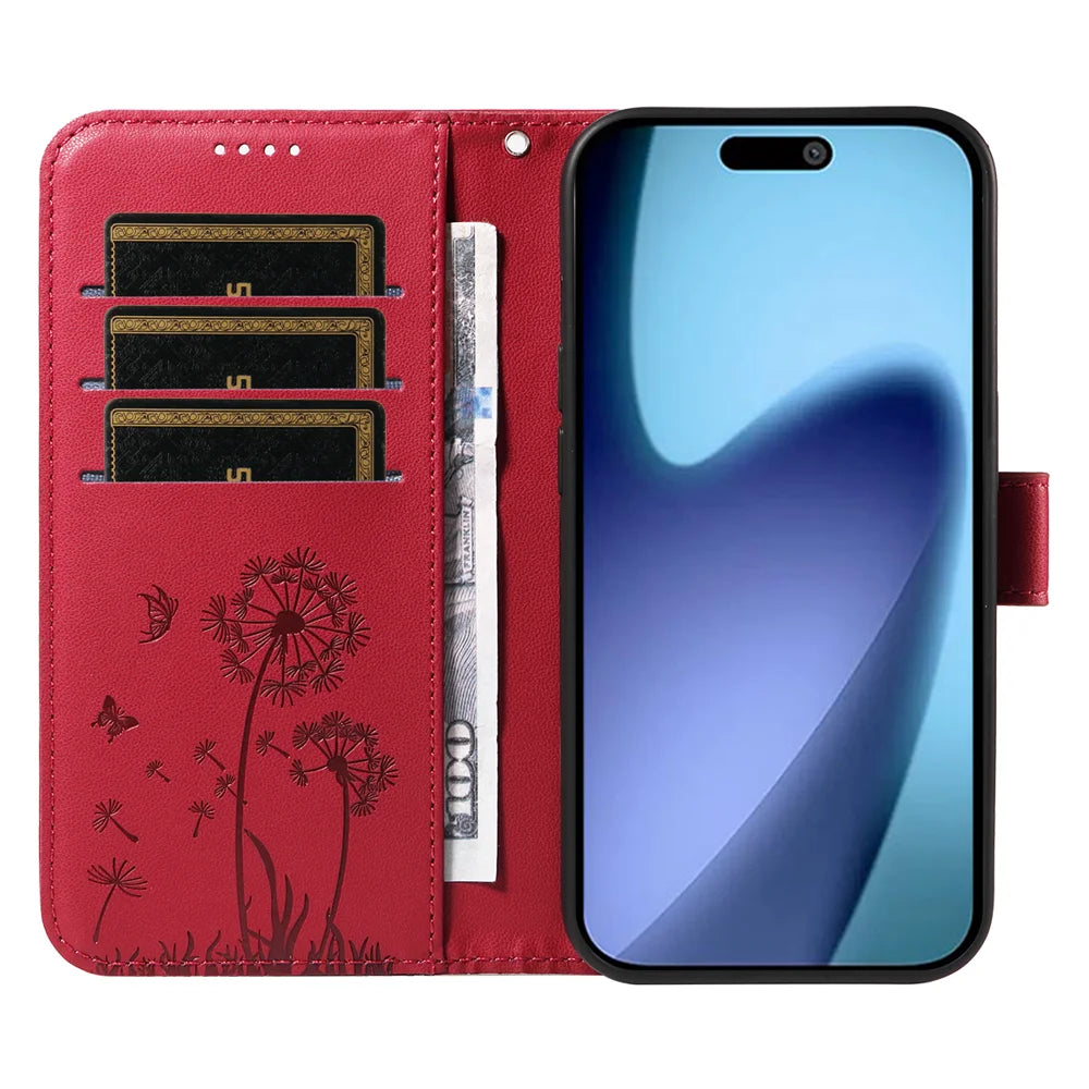For iPhone Air Leather Wallet Case with Strap Dandelion Imprint Phone Stand Cover - Red - 2