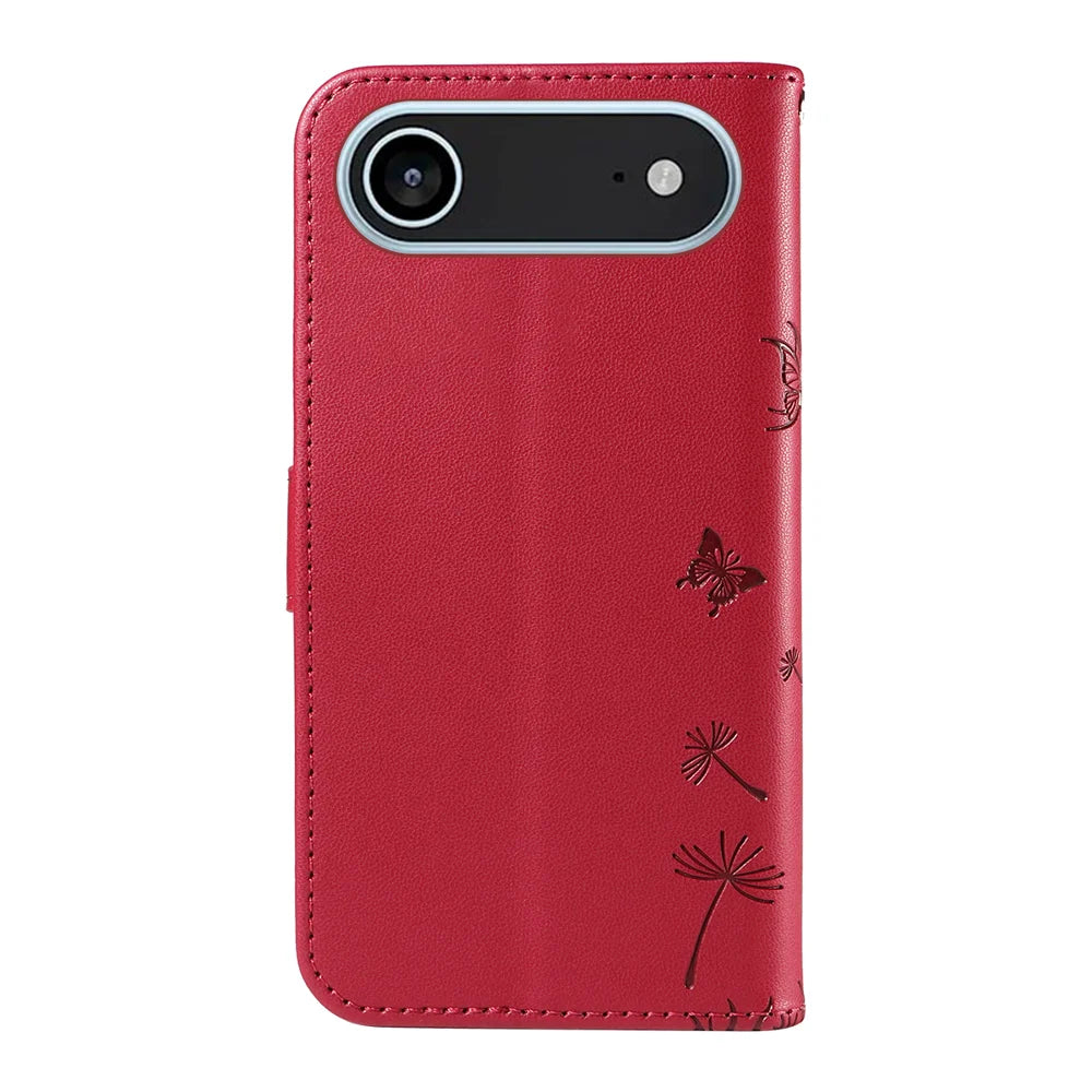 For iPhone Air Leather Wallet Case with Strap Dandelion Imprint Phone Stand Cover - Red - 7