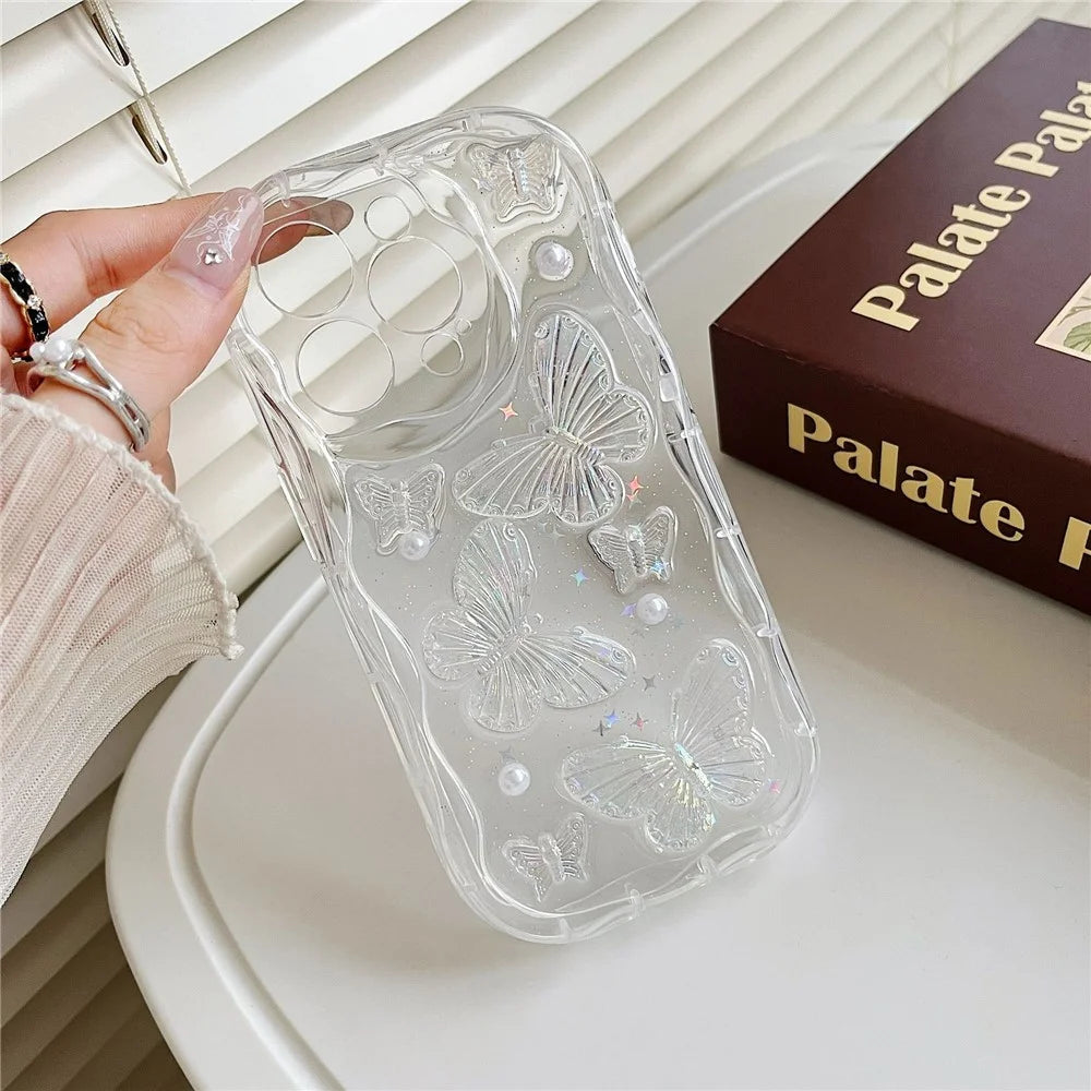 For iPhone 15 Pro Max Case Pearl Butterfly Design Clear TPU Phone Cover - 2