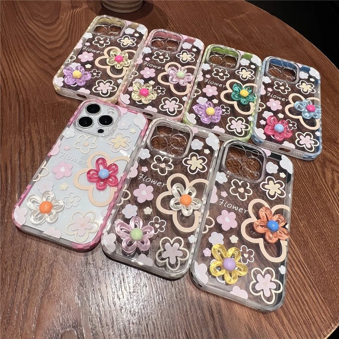 For iPhone 16 Pro Case Grid Frame 3D Flower Design TPU Phone Cover - Yellow - 4